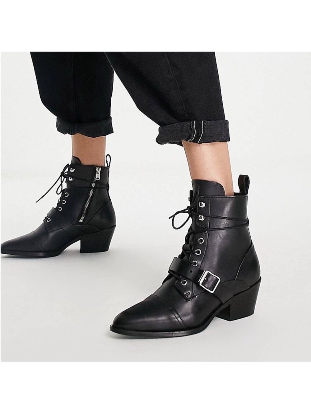All Saints Katy Black Leather Lace Up Buckle Point Toe Moto Boots
